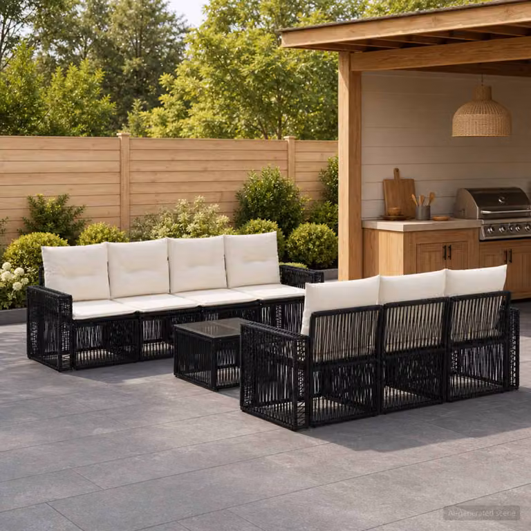 Set Divano da Giardino Moderno vidaXL in Polyrattan Nero con Cuscini e Tavolino da Esterno 8 pz