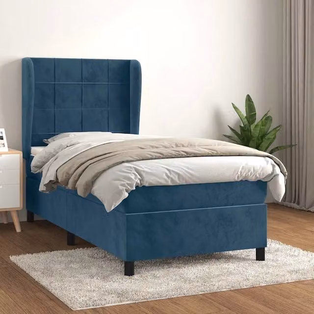 Letto Ibrido vidaXL con Giroletto a Molle e Materasso in Velluto Blu e Bianco, L/P/H: 90 x 200 x 128 cm – 1