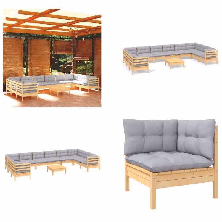 vidaXL set salotto da giardino 11 pezzi con cuscini grigi in legno di pino - Set salotto da giardino - Set salotto da giardino - Set mobili da giardino - Set mobili da giardino