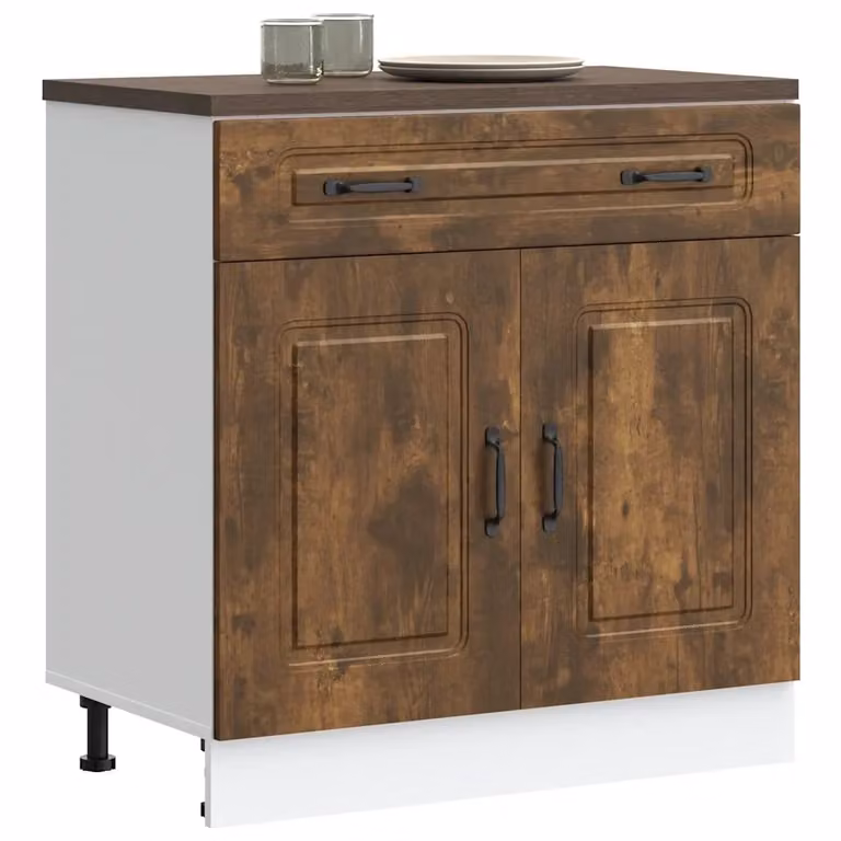 Base da cucina Kalmar Rovere Fumo in legno multistrato marrone con ante a battente e cassetti L/P/H: 81.5 x 46.0 x 80.0 cm