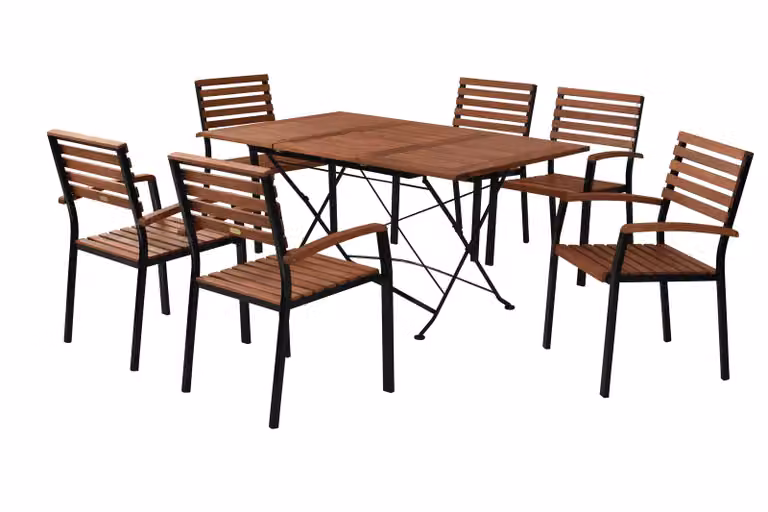 Set di mobili da giardino Merxx Schlossgarten 7 pezzi, 6 sedie impilabili, tavolo pieghevole allungabile 100 (150) x 90 cm - acciaio piatto con eucalipto