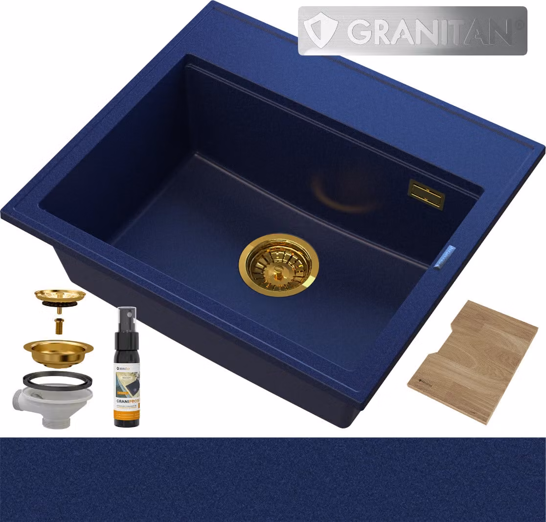 Granitan - Lavello in granito - Lavello da cucina - 56x50 cm - Blu - con sifone - Lavello - FOXAL