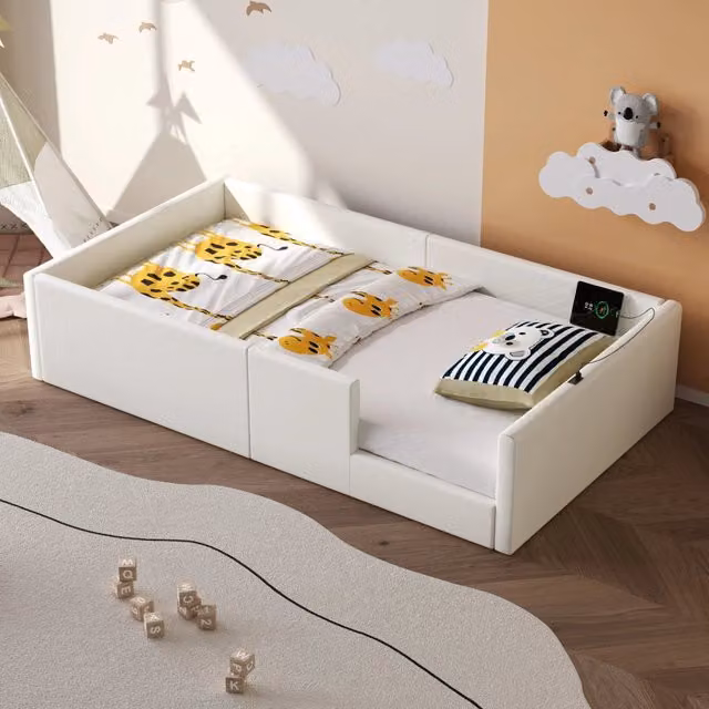 Letto imbottito 90 × 200 cm con barriera di protezione e stazione di ricarica USB e Type-C bianco