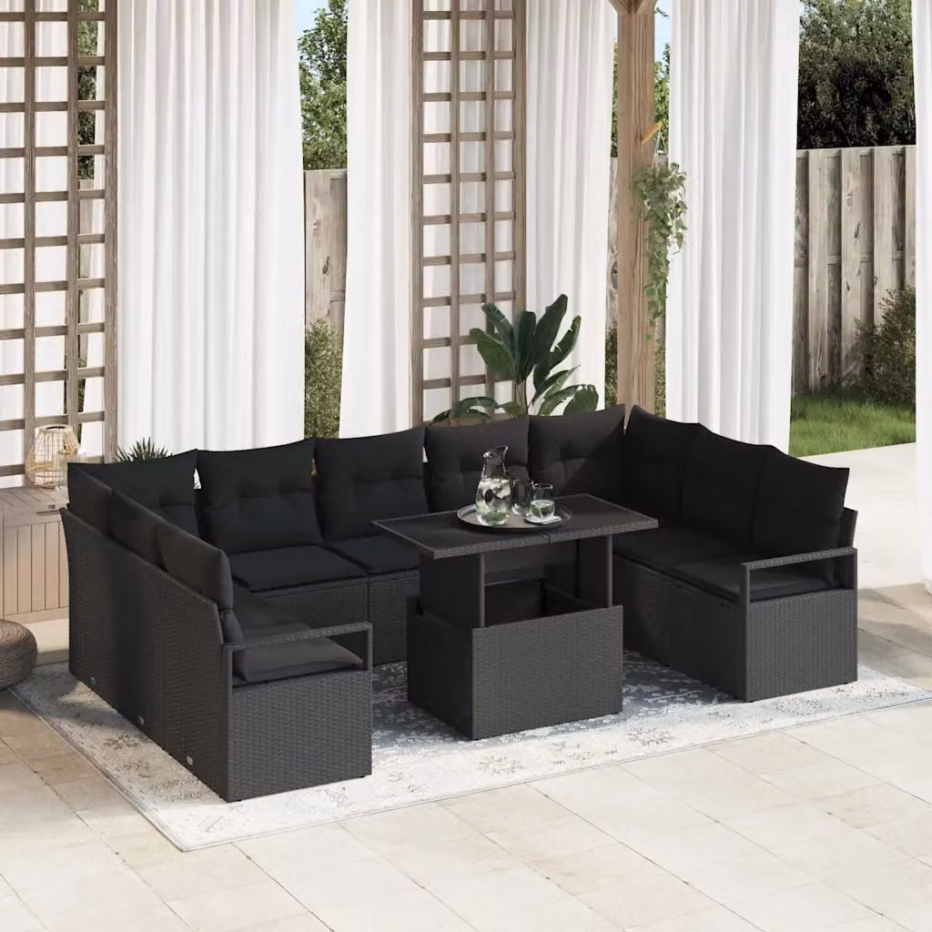 Set Divano da Giardino vidaXL in Polyrattan Nero con Cuscini per 9-10 Persone – 1