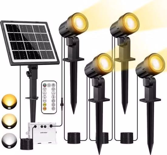 Set di 4 faretti solari da esterno MEIKEE neri con telecomando, illuminazione LED regolabile CCT e protezione IP66 per giardino