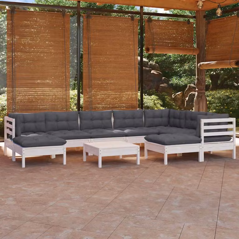 vidaXL Set Divani da Giardino 10 pz in Legno di Pino con Cuscini Bianchi e Antracite