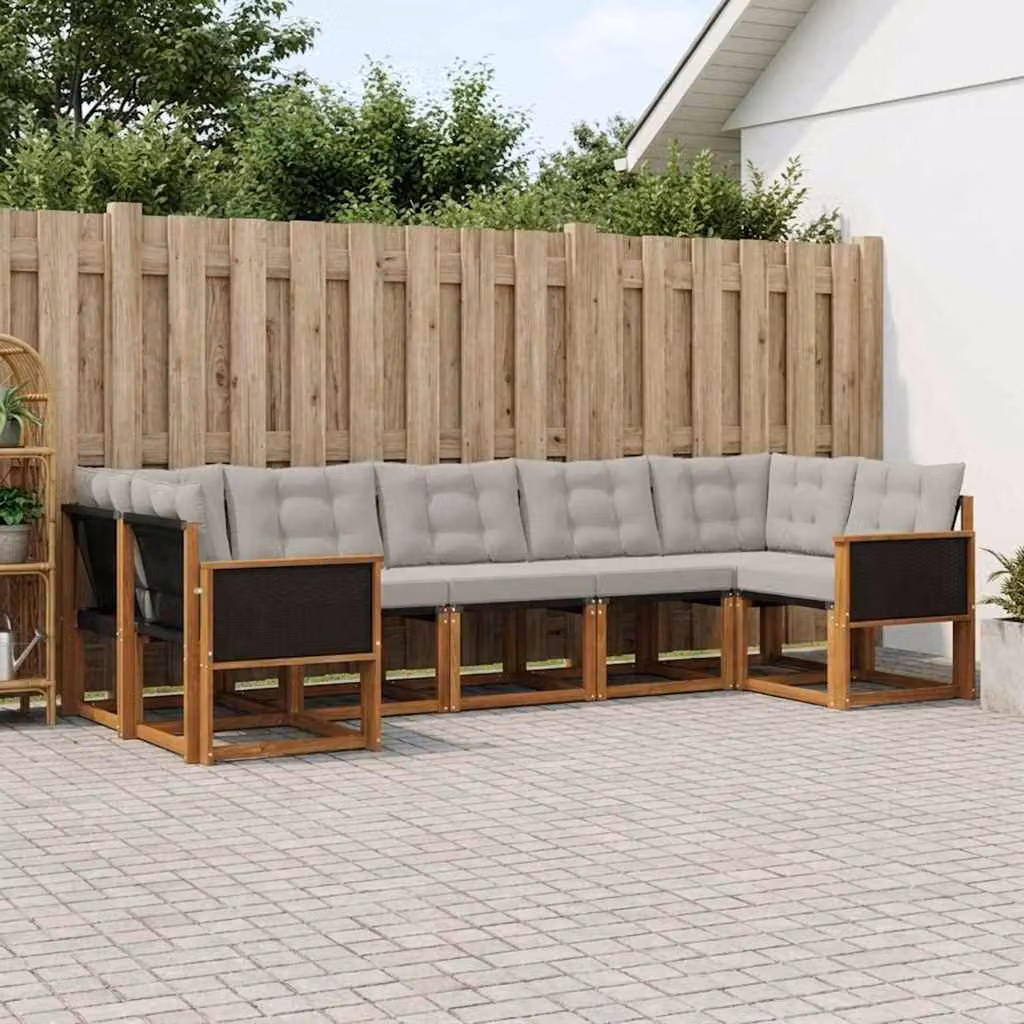 Set di divani da esterno vidaXL 7 pz a forma di L in legno di acacia con cuscini beige e grigio chiaro