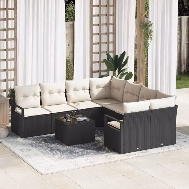 Set di divani 9 pz 8-Numero di posti Nero e Crema Polyrattan 3346317