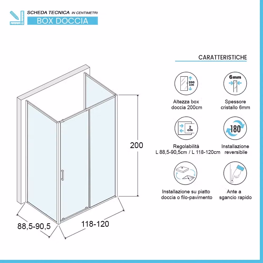 Box doccia a tre lati Ted con doppia porta scorrevole e vetro fisso trasparente L/P/H: 120 x 90 x 200 cm – 2
