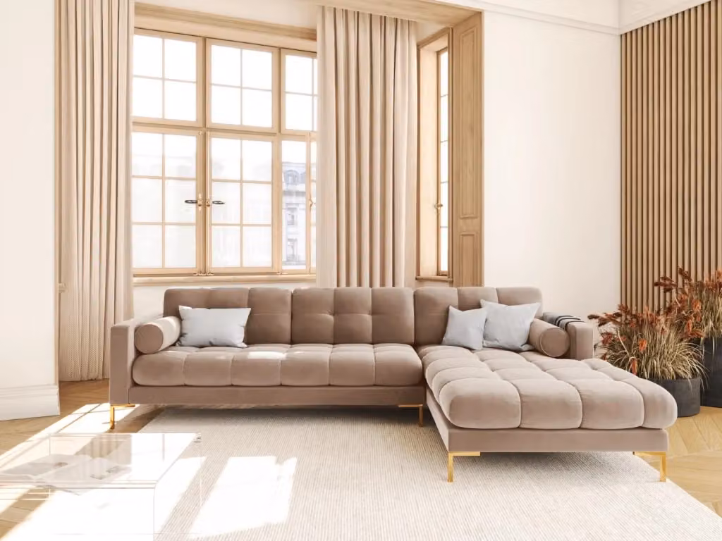 Divano angolare destro Bali di Cosmopolitan Design in velluto beige e oro, 5 posti, L 293 x P 185 x H 75 cm – 2