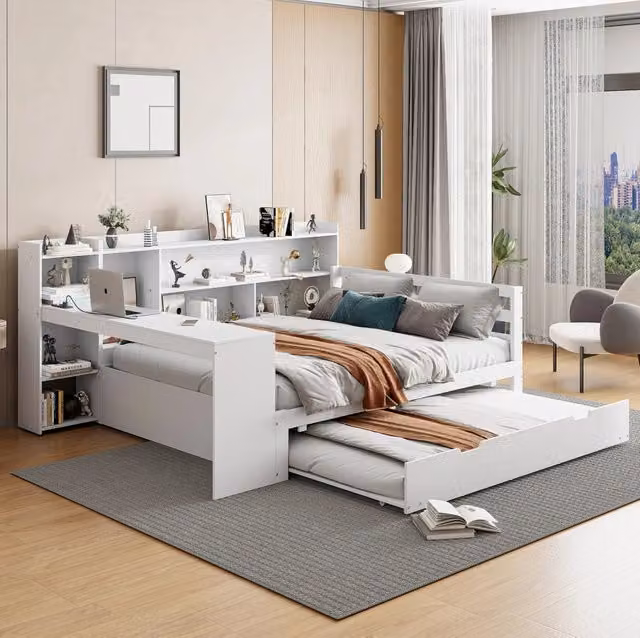 Letto 140x200 cm bianco con scrivania, ripiani e letto estraibile, senza materasso