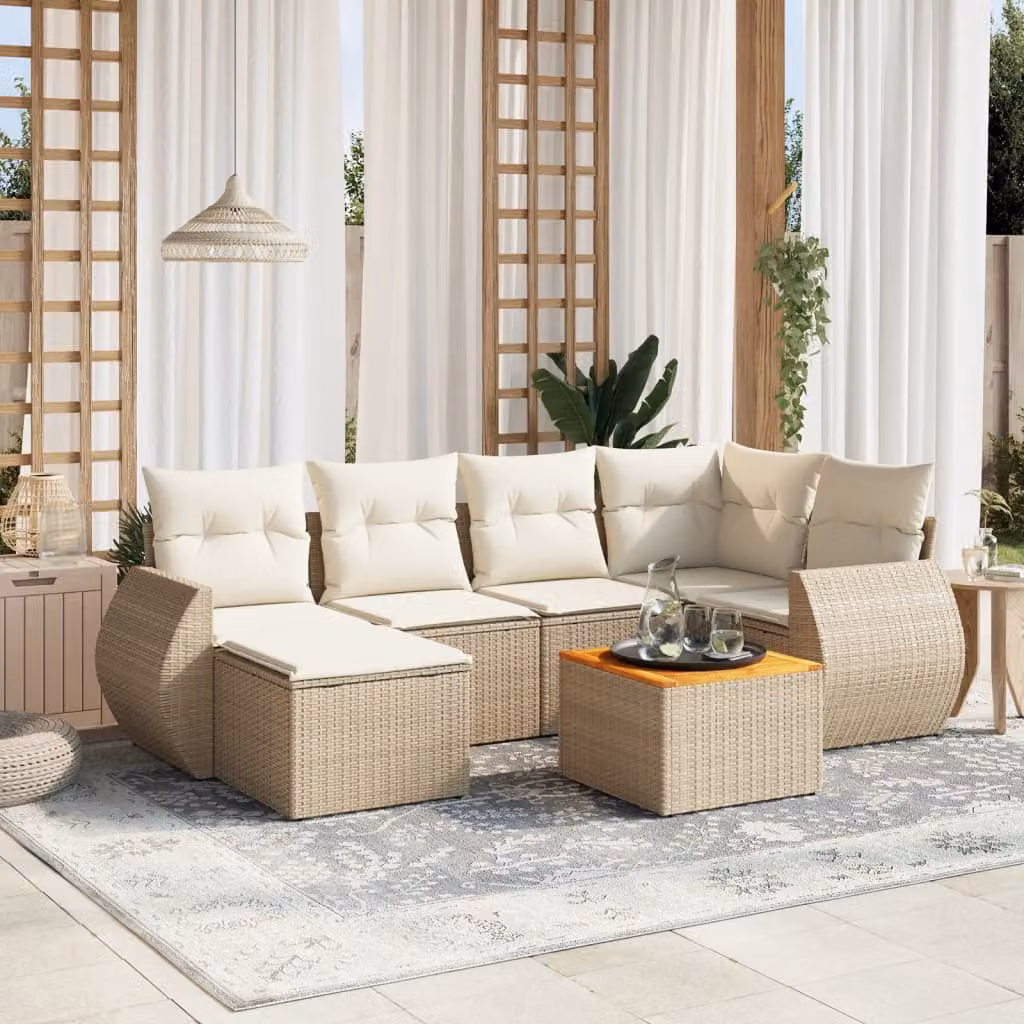 vidaXL Set Divani da Giardino 7 pz in Polyrattan Beige con Cuscini e Tavolino da Esterno – 1