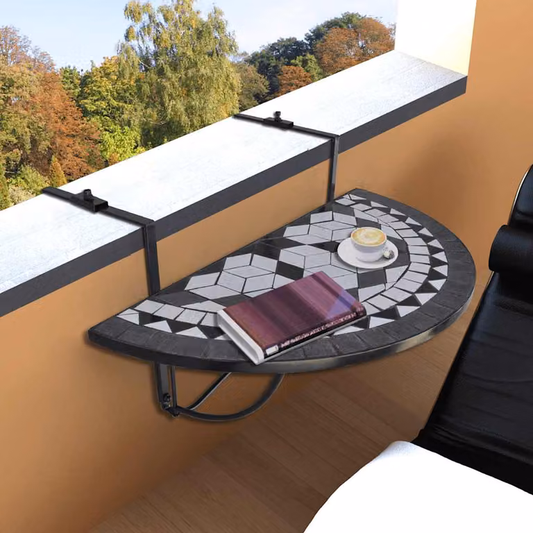 vidaXL Tavolo da Balcone Sospeso con Mosaico Geometrico in Ceramica, Nero, Bianco e Multicolore