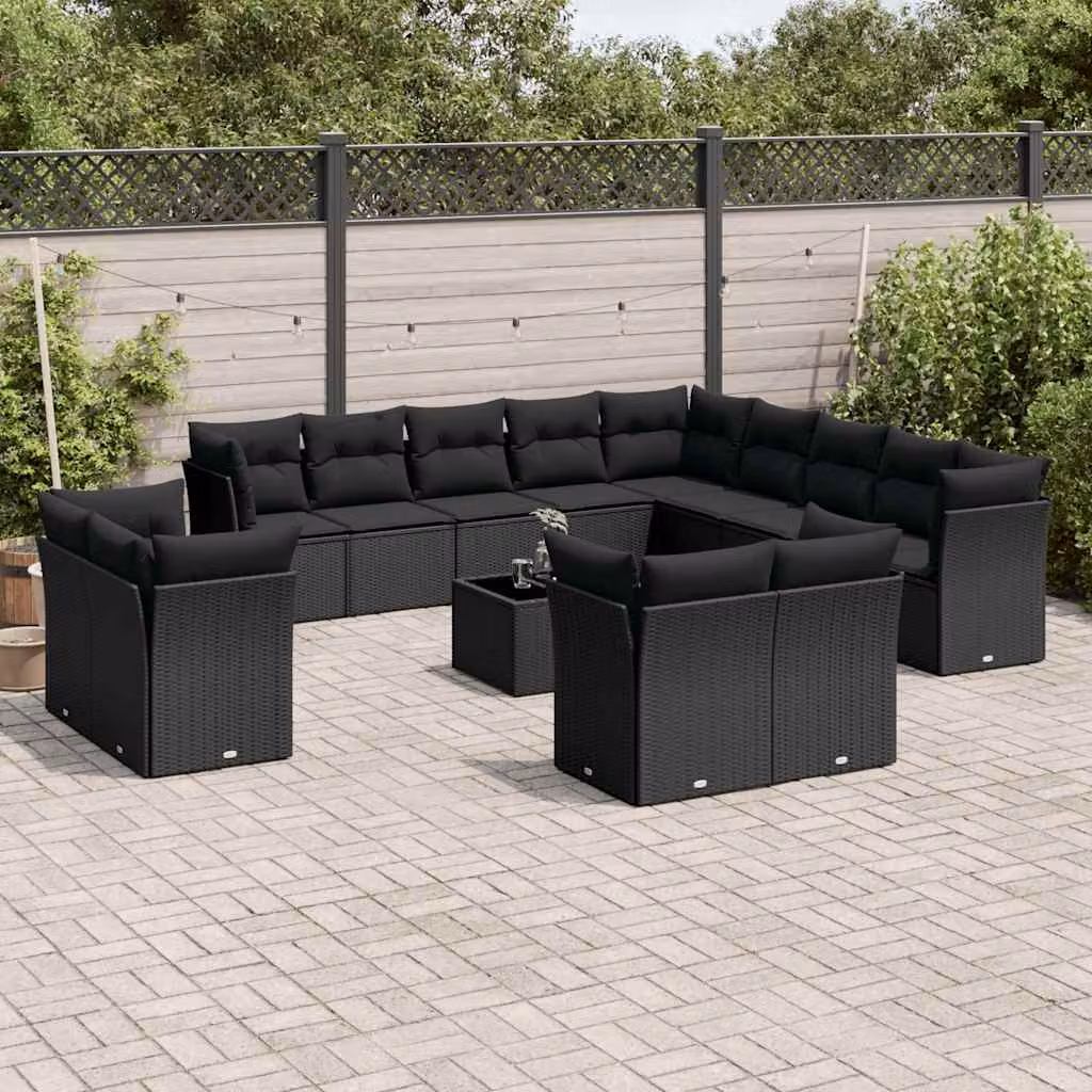 Set di Divani da Giardino vidaXL a Forma di U in Polyrattan Nero con Cuscini e Tavolino da Esterno – 1