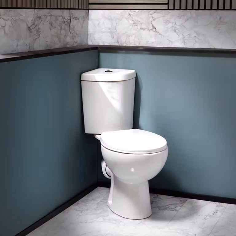 Sanitario WC Monoblocco Moderno ad Angolo con Sedile Soft-Close e Pulsante Scarico Nero - Belstone