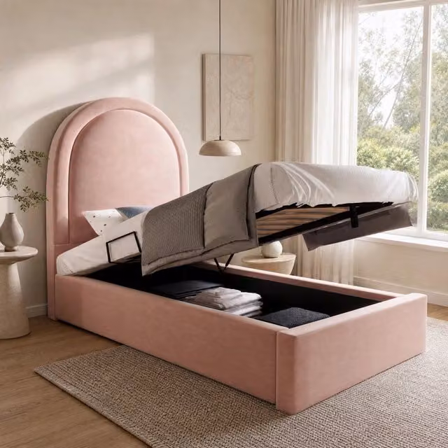 Letto imbottito con contenitore REDOM in velluto rosa per cameretta, L/P/H: 91 x 206 x 300 cm