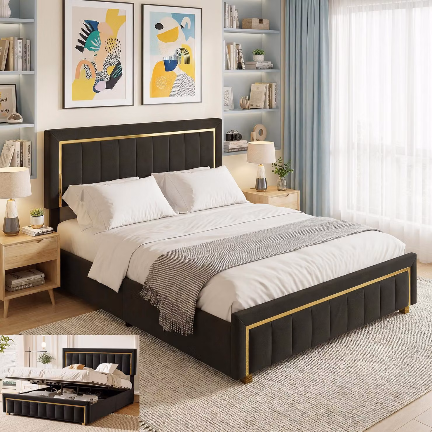 Letto con boxspring 160x200 cm, con sistema di sollevamento idraulico e contenitore, struttura imbottita con rete a molle, letto matrimoniale per ragazzi, tessuto velluto, colore nero