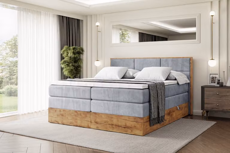 Letto boxspring ALTDECOR con materasso e rete a doghe, topper, letto imbottito con contenitore, letto con spazio contenitivo per materassi H3 e H4, letto matrimoniale, letto boxspring - LOLLI1 KING - 140x200 - Grigio Casablanca