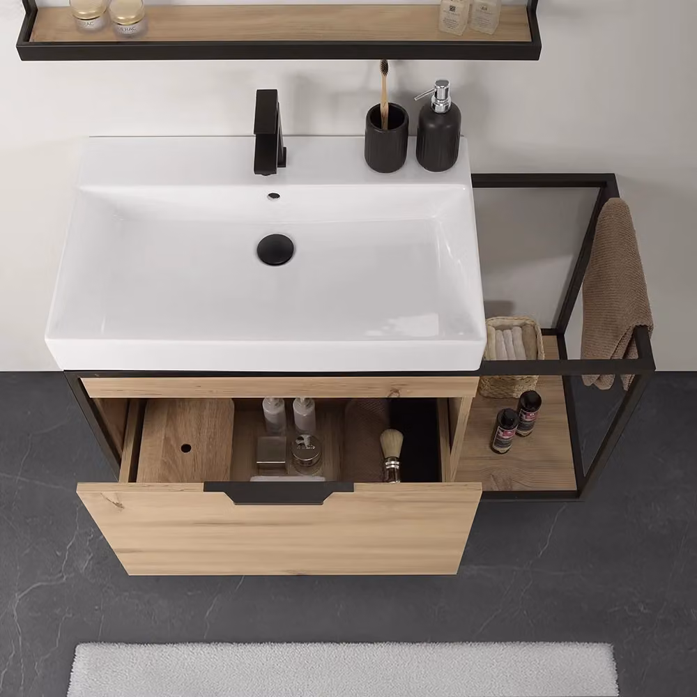 Mobile bagno sospeso Zante INBAGNO in legno e metallo nero con specchio stile industrial L: 80 cm, P: 44,5 cm, H: 55 cm – 2