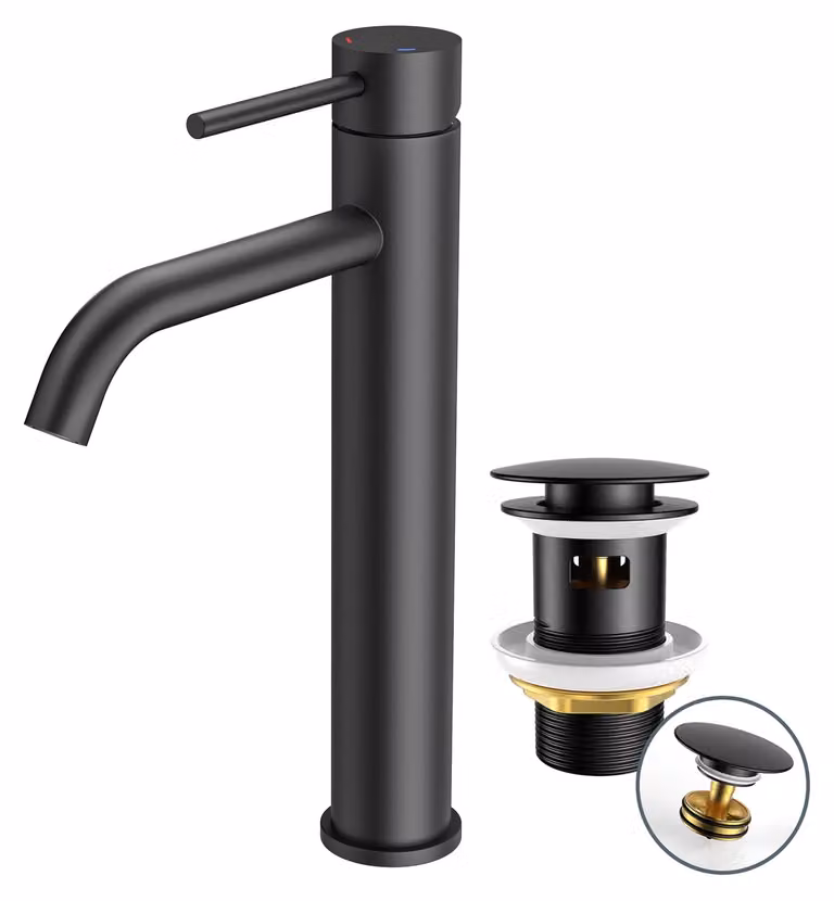 Miscelatore monocomando nero per lavabo, con bocca di uscita da 190 mm e tappo a salvagoccia
