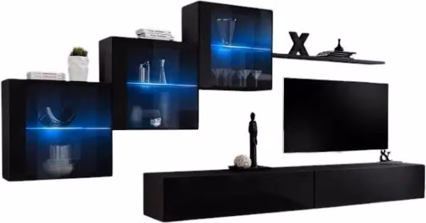 Composizione murale SWITCH XX – Doppio mobile TV, cubi con vetrina LED e scaffale – Nero lucido – Design contemporaneo