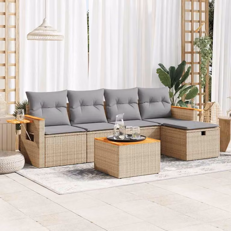 Set Divano da Giardino vidaXL 6 pz a L in Polyrattan con Cuscini Beige e Tavolino da Esterno