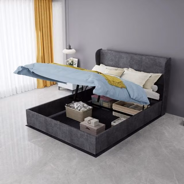 Letto matrimoniale 140×200 cm con testiera imbottita, senza materasso, rivestimento in tessuto grigio