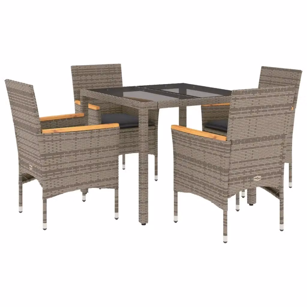 vidaXL Set da Pranzo da Giardino 5 pz in Polyrattan e Legno di Acacia con Vetro e Cuscini Grigio – 2