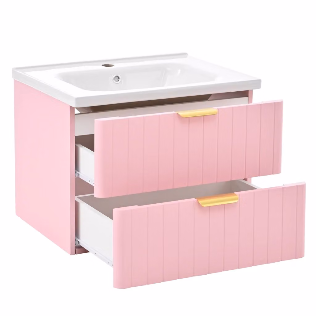Mobile Sottolavabo Sospeso Minimal Rosa e Bianco in MDF e Metallo con Lavabo Moderno – 2