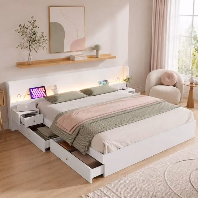 Letto matrimoniale 180x200 cm in MDF bianco con USB; LED APP; 2 comodini e cassetti