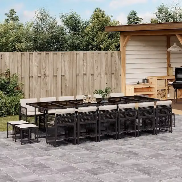 Set da pranzo da giardino vidaXL in polyrattan nero con cuscini bianchi e tavolo in vetro, 17 pezzi – 1