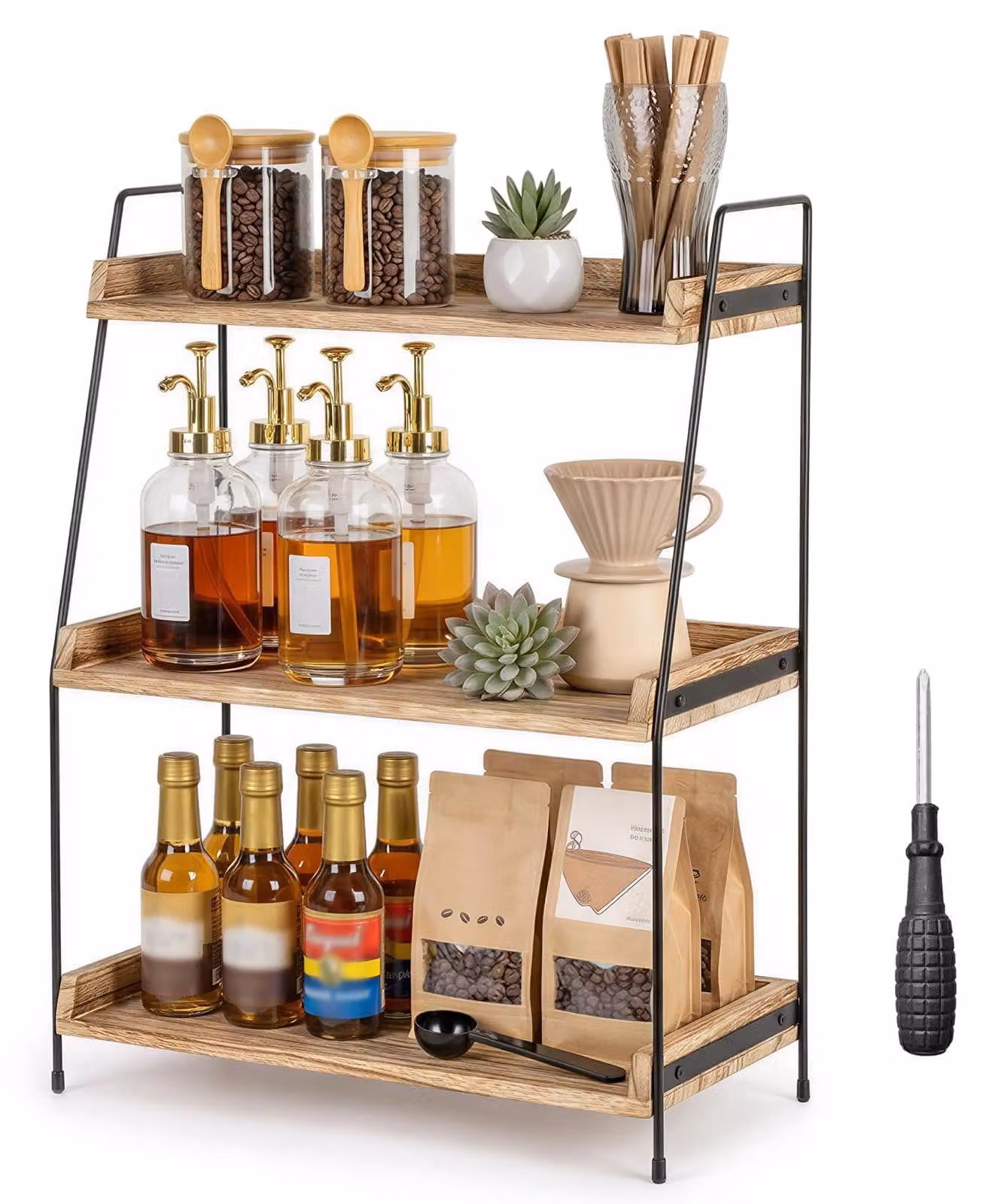 Ripiano portaoggetti per cucina, piano di lavoro, 3 livelli, realizzato in legno e metallo