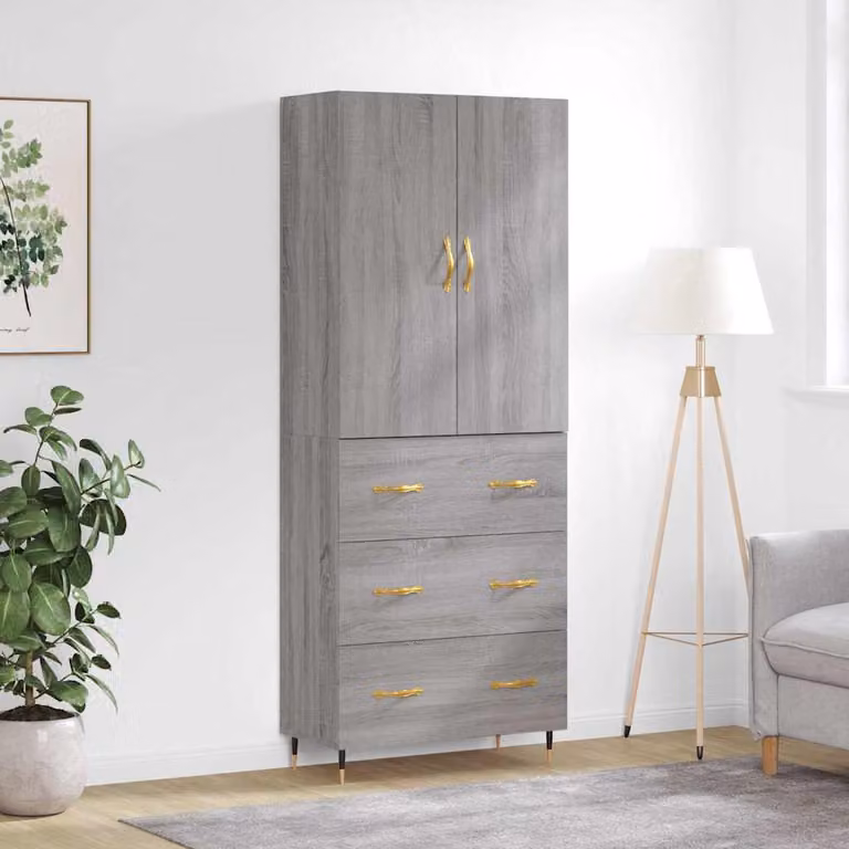 Credenza moderna vidaXL in legno multistrato e MDF, colore Grigio Sonoma, L: 69,5 cm, P: 34 cm, H: 180 cm