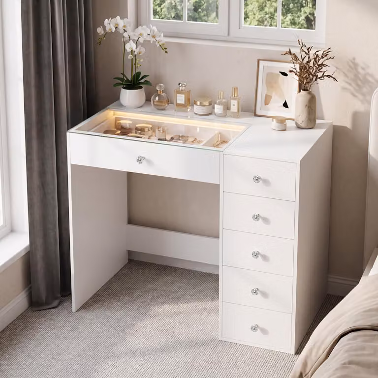 Tavolino da trucco VANITII con illuminazione LED, 6 cassetti, bianco, 92 x 55 x 81 cm
