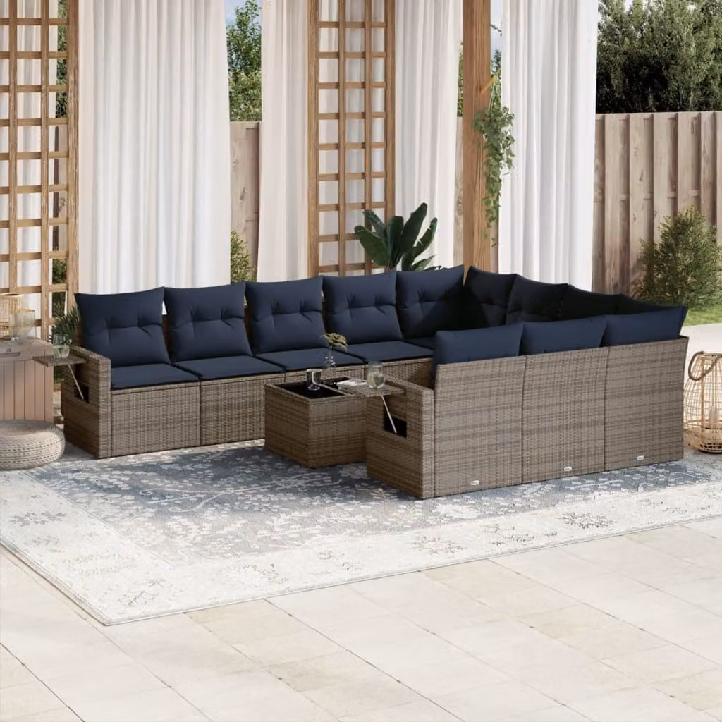 Set Divani da Giardino vidaXL 11 pz in Polyrattan Grigio con Cuscini e Tavolino da Caffè