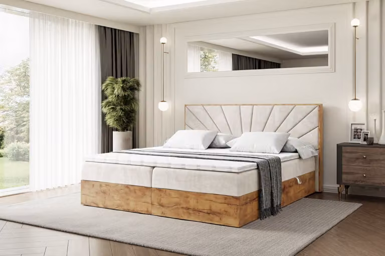 Letto boxspring ALTDECOR con materasso e rete a doghe, topper, pediera, letto imbottito con contenitore, letto con spazio contenitivo e materasso H3, letto matrimoniale, letto boxspring - LOLLI6 - 200x200 - Beige Casablanca