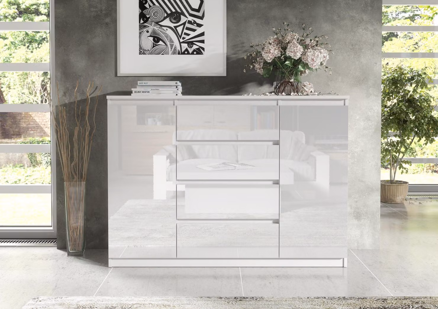 Comodino moderno, 120 cm, con 2 ante e 4 cassetti