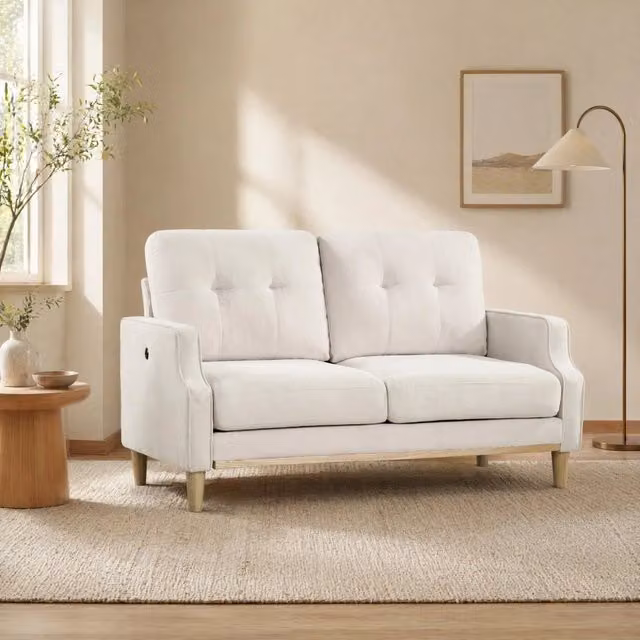 Divanetto 2 posti in tessuto beige con porta USB e gambe in legno HOMVRA