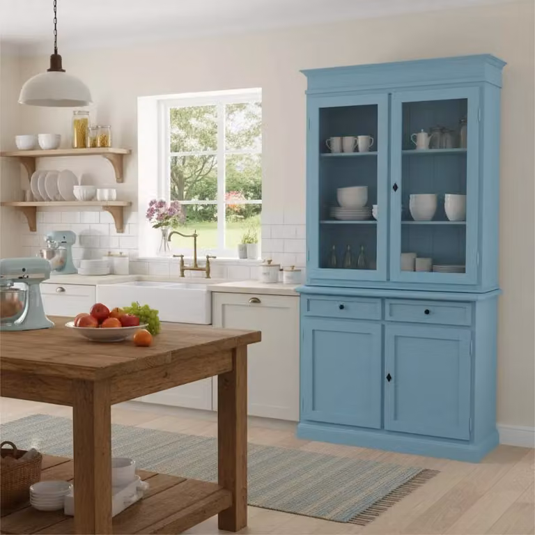 Cristalliera in legno e vetro stile arte povera con 2 ante in vetro e 2 cassetti di Mobili 2G, colore azzurro, L: 105 cm, P: 42 cm, H: 206 cm