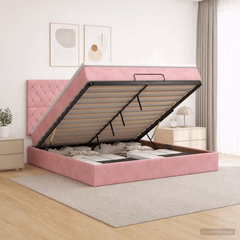 Letto ottomano con materasso vidaXL in velluto rosa, L/P/H: 190 x 140 x 88 cm