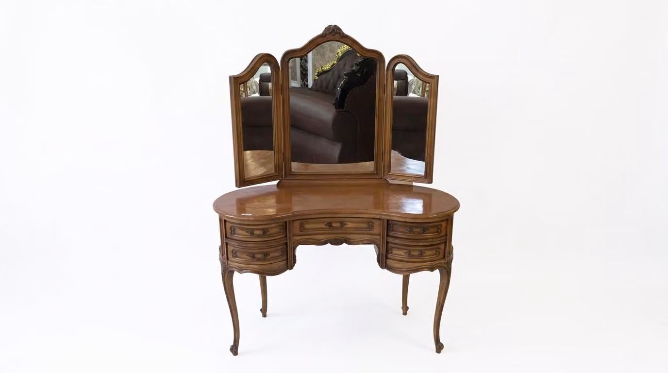 Comò da trucco marrone moderno in legno, tavolino da trucco a 3 ante, specchio