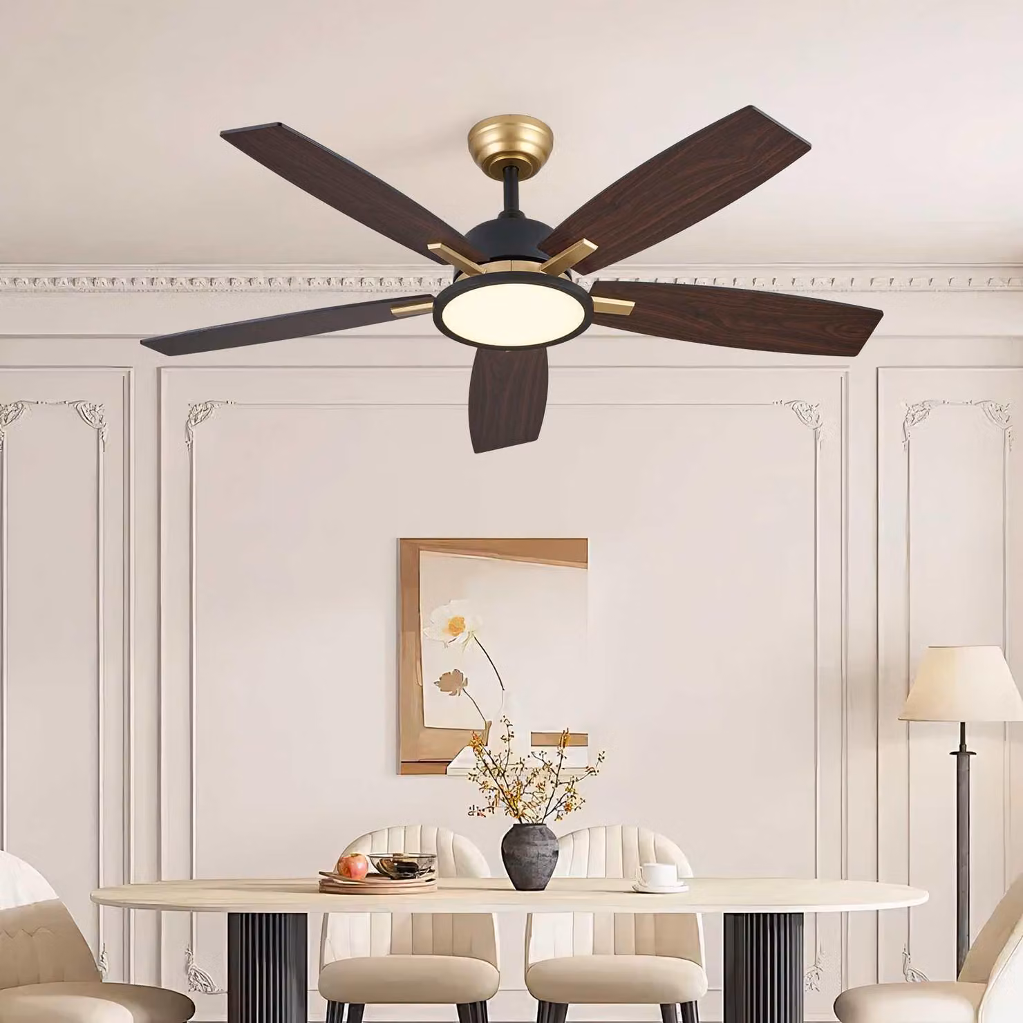 Ventilatore a soffitto ZELURXX con LED, diametro 132 cm (52 pollici), 5 pale in compensato, colore nero e oro, reversibile, con telecomando, 6 velocità, dimmerabile, silenzioso, adatto per l'estate e l'inverno