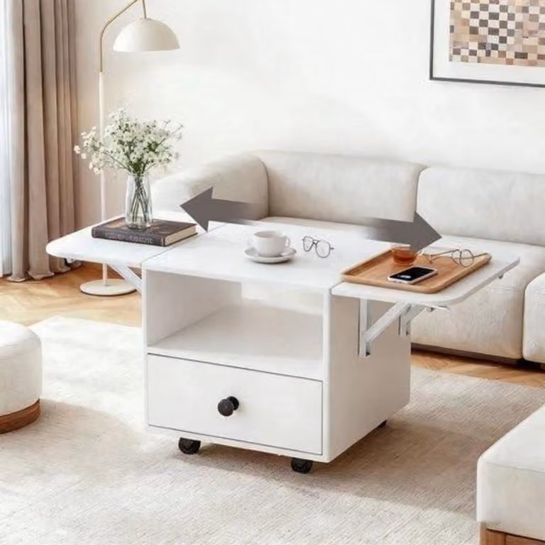 Tavolino da divano pieghevole con ruote, cassetto e ripiano, tavolino ausiliario in legno