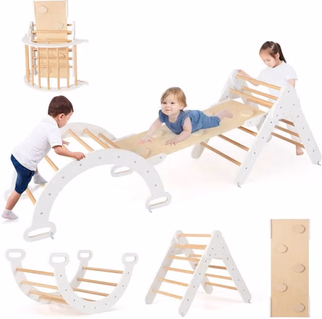 Set di 3 giocattoli da arrampicata in legno per bambini dai 1 anni in su con triangolo e arco, colore bianco, marca DESIGN IN