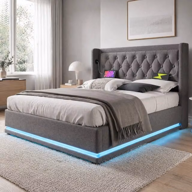 Letto contenitore ULEVR 180x200 cm grigio in cotone con LED 3 lati, USB e Type-C