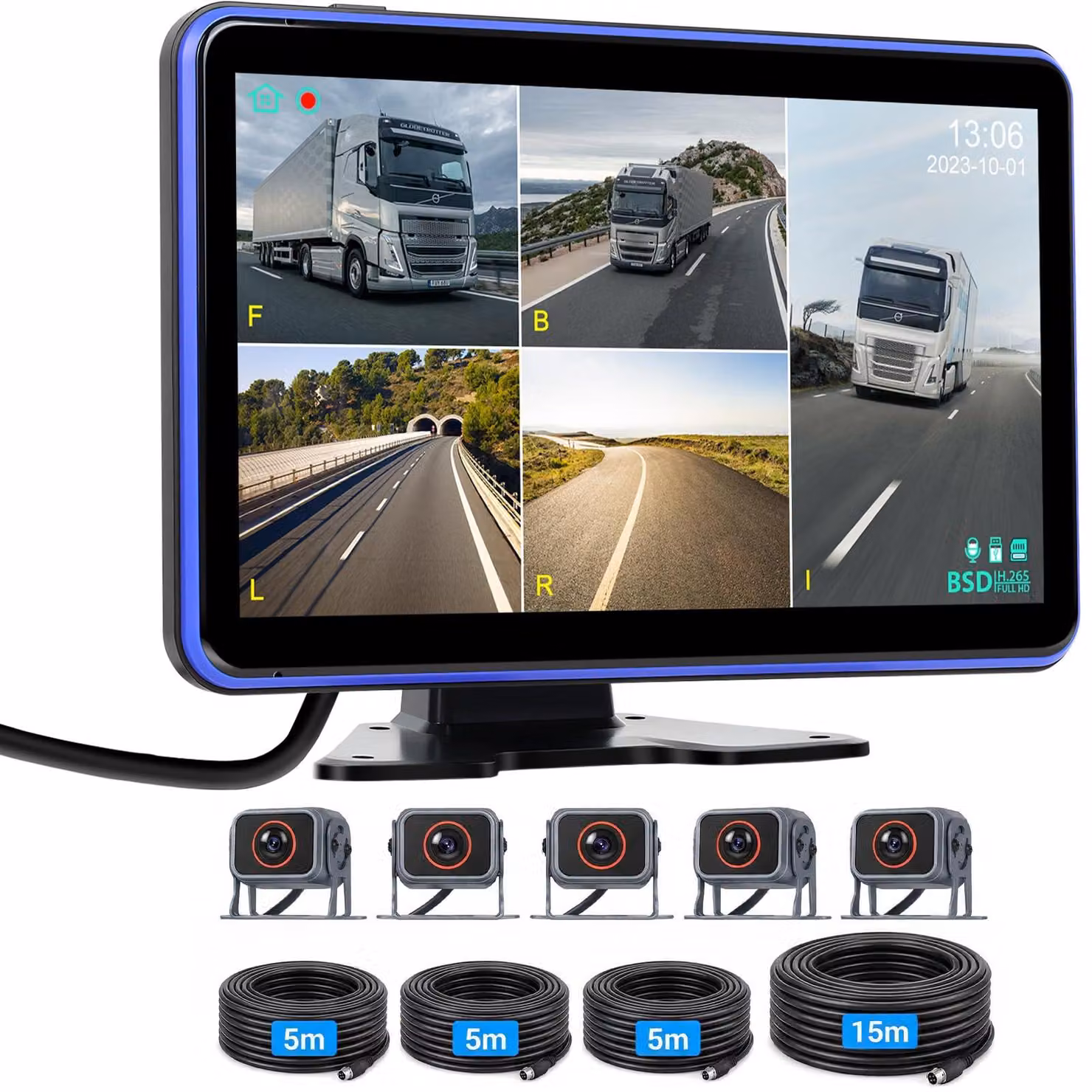 Kit telecamera per retromarcia da 10,1 pollici, display IPS HD - 5 telecamere - 12-36 Volt - Impermeabile IP68