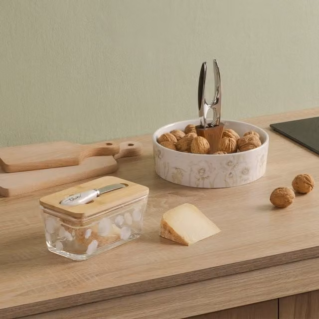 Porta formaggio in vetro trasparente con spalmino Bloom thun con decorazione floreale