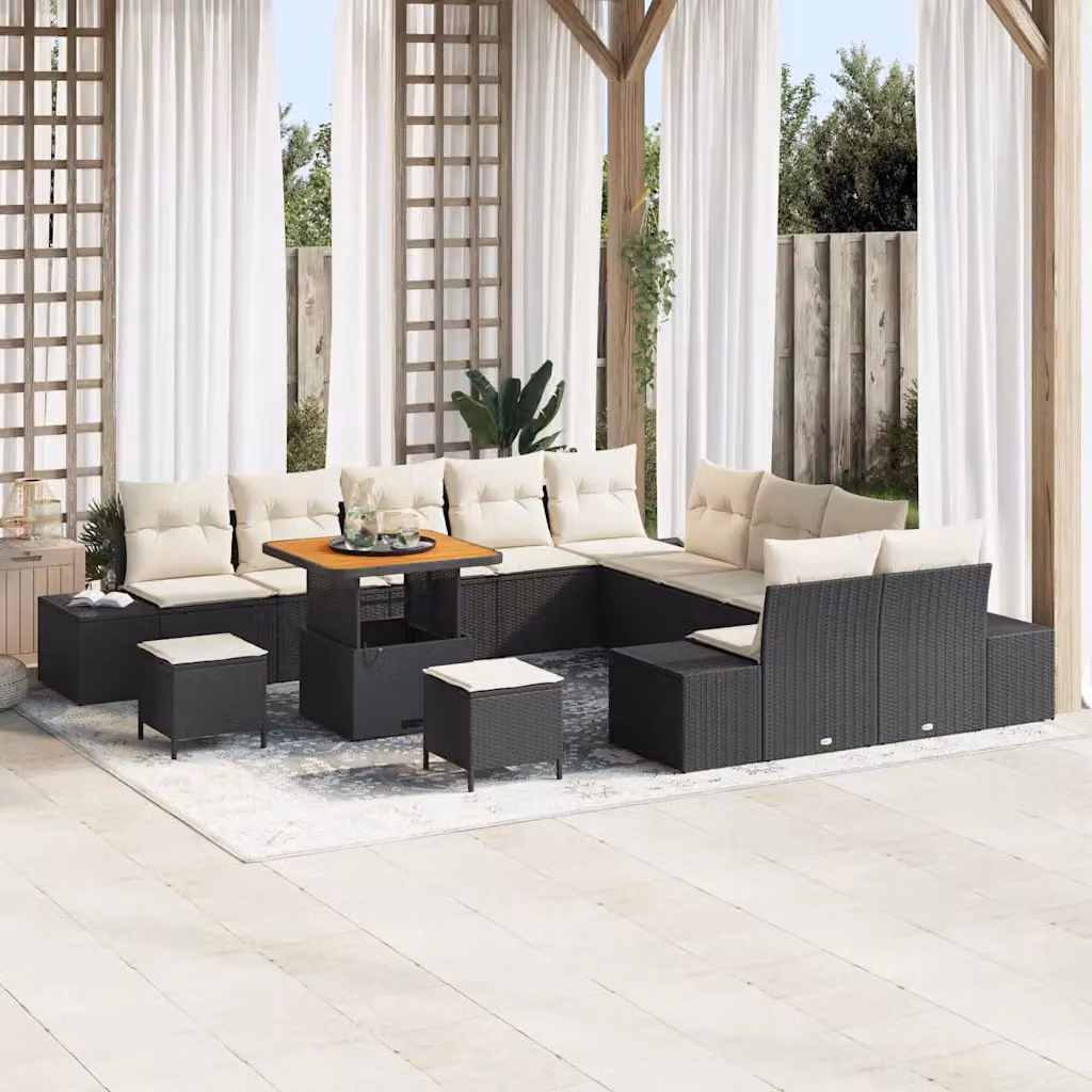 Set Divano da Giardino vidaXL 13 Pezzi Nero con Cuscini e Tavolino in Rattan e Acciaio – 1