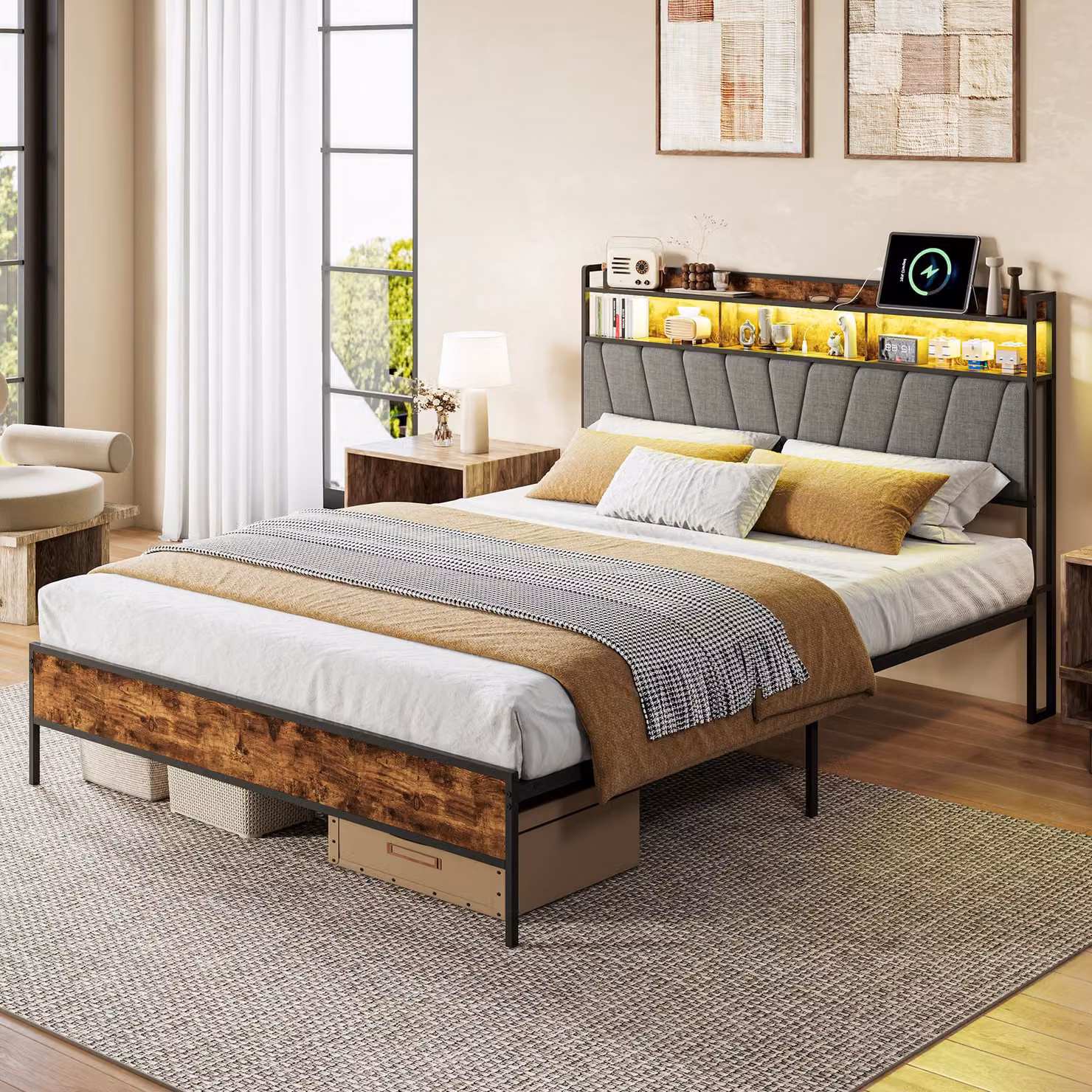 Letto matrimoniale UnboxG 140x200 cm con struttura in metallo, testiera con spazio contenitore, illuminazione LED, porta USB e rete a doghe