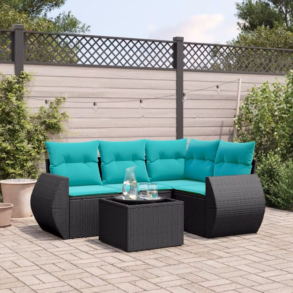 Set di divani da giardino vidaXL a forma di L composto da 5 pezzi con cuscini e tavolino da esterno in rattan nero e struttura in metallo